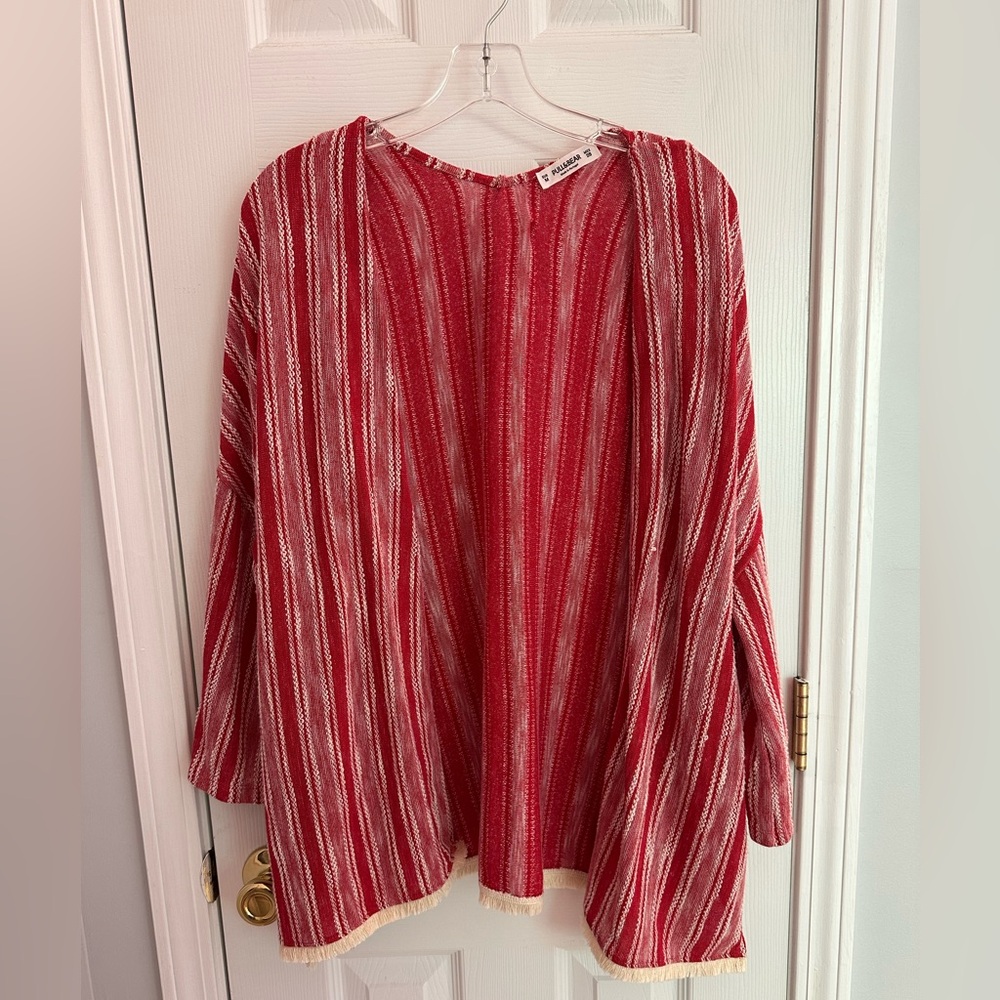 Pull&Bear Red & White Striped Open-Front Kimono